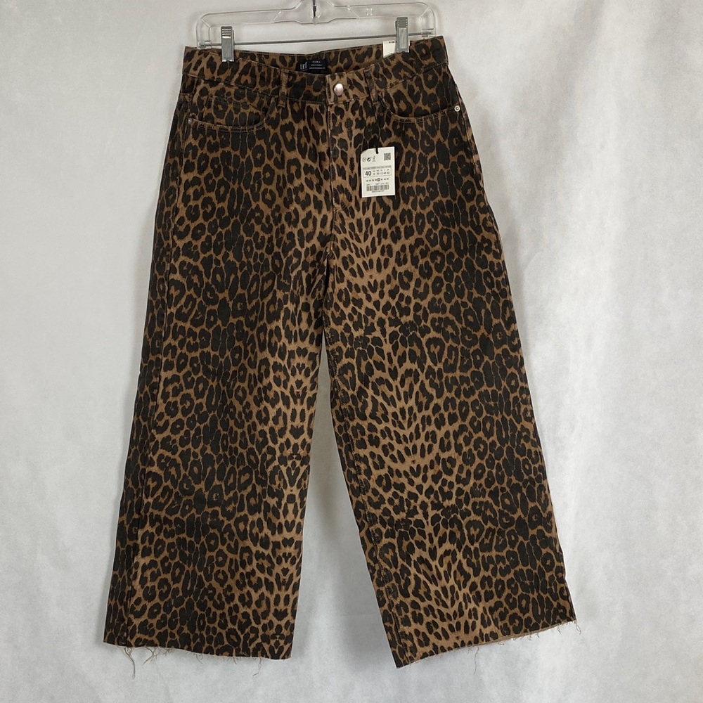 NWT Zara Leopard Print Mid-Rise Wide-Leg Culotte Jeans - Size 8